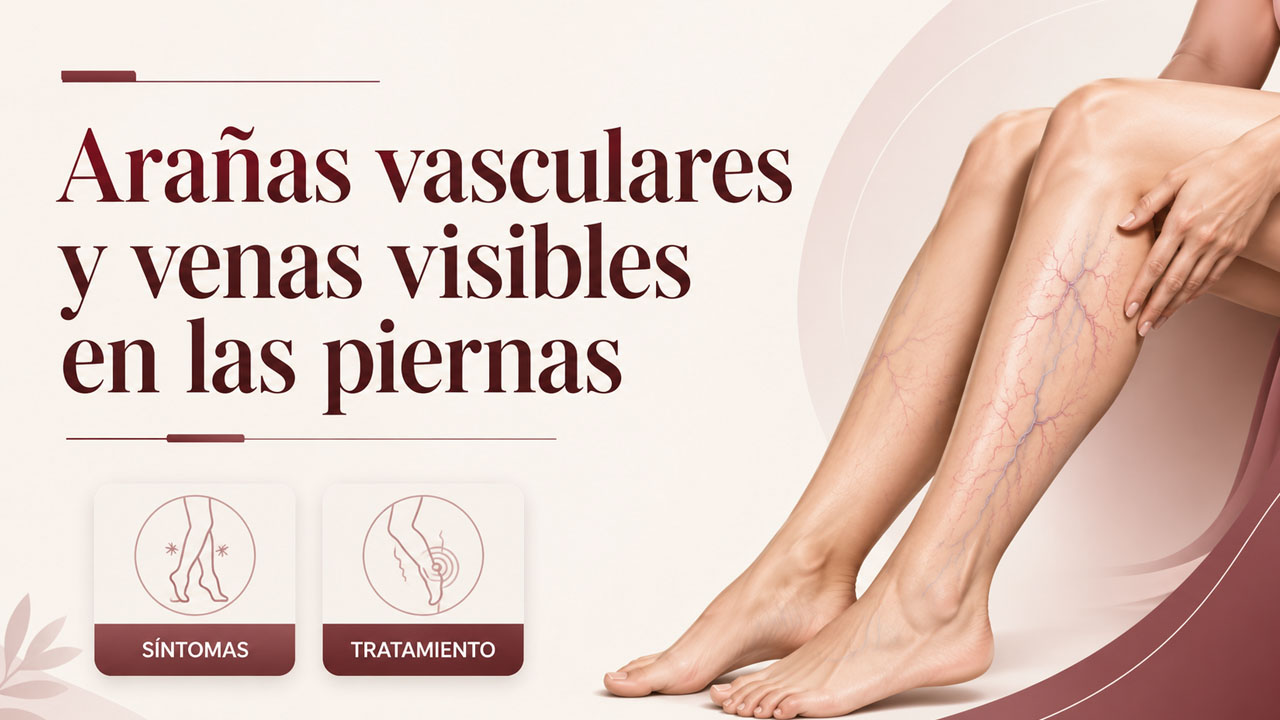 Arañas vasculares y varices visibles en las piernas con signos de pesadez e hinchazón