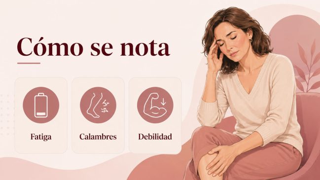 Mujer sentada con gesto de cansancio, una mano en la cabeza y otra en la pierna junto a tarjetas de fatiga, calambres y debilidad
