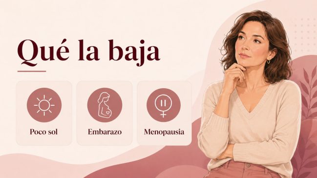 Mujer pensativa junto a tarjetas de poco sol, embarazo y menopausia