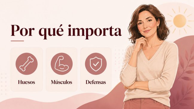 Mujer sonriente junto a tarjetas de huesos, músculos y defensas