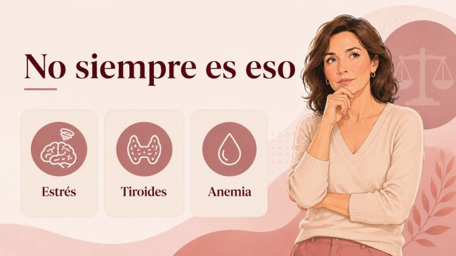 Mujer pensativa junto a tarjetas de estrés, tiroides y anemia