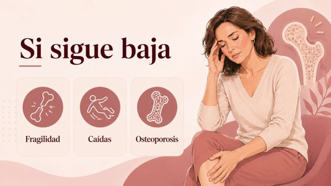 Mujer sentada con gesto preocupado junto a tarjetas de fragilidad, caídas y osteoporosis
