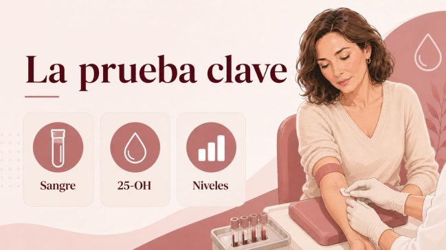 Mujer durante una extracción de sangre junto a tarjetas de sangre, 25-OH y niveles