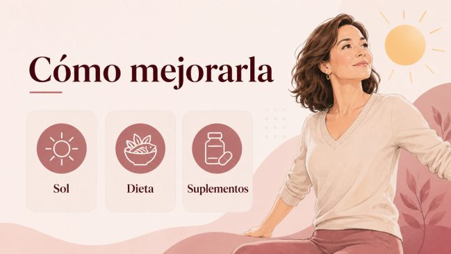 Mujer al aire libre mirando hacia el sol junto a tarjetas de sol, dieta y suplementos