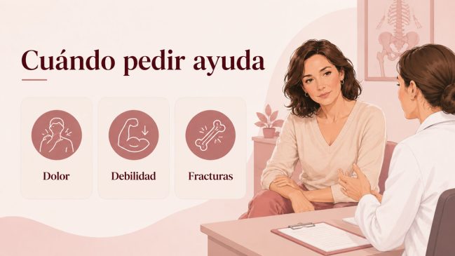 Mujer en consulta médica frente a una doctora junto a tarjetas de dolor, debilidad y fracturas
