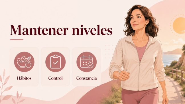 Mujer caminando al aire libre junto a tarjetas de hábitos, control y constancia